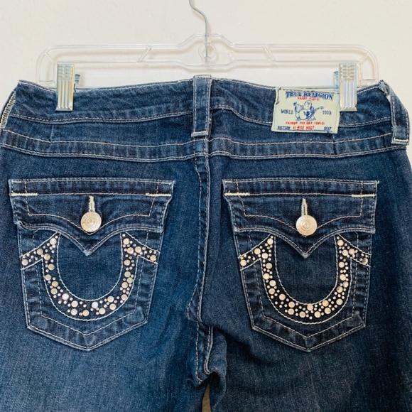 True Religion Hi-Rise Boot Jean Womens 29 X 30  Blue Rhinestone Pockets - Picture 2 of 15